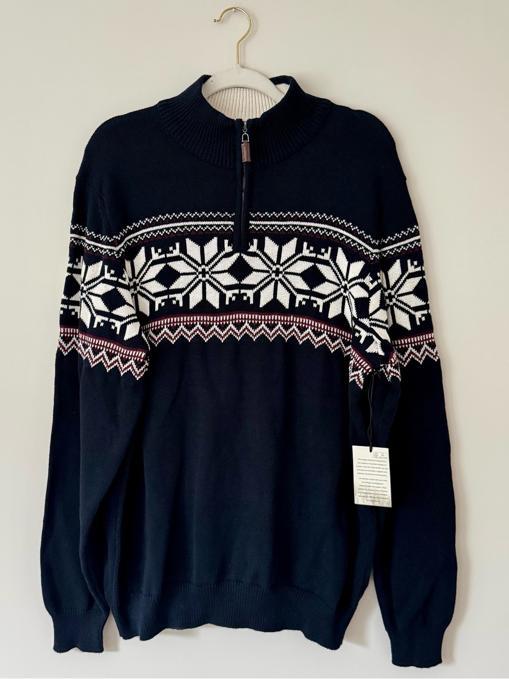 NWT Aspen 100% Cotton Nordic Knit Half Zip Sweater, Navy Blue / Red / White – XL